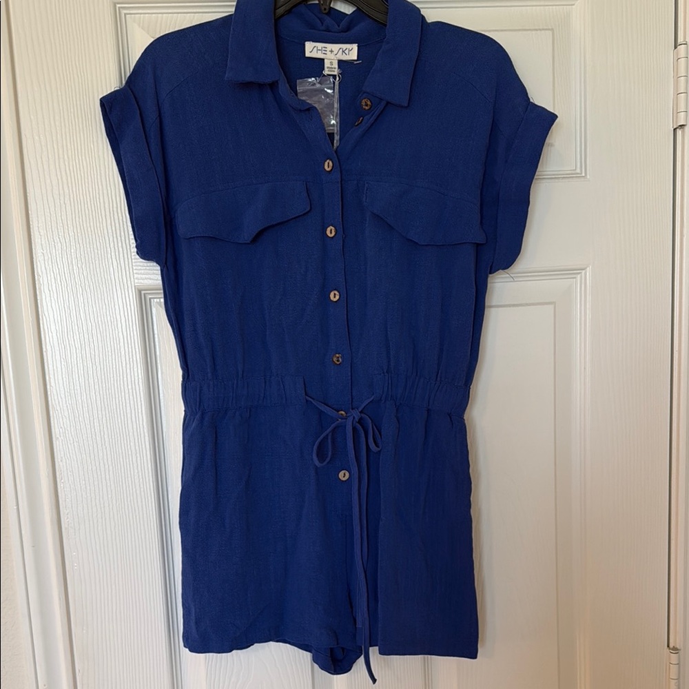She + Sky Blue Button-Up Romper